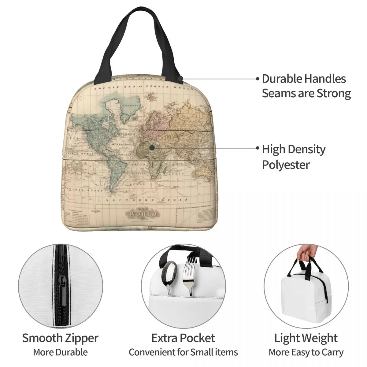 Vintage Map Of The World 1823 Insulated Lunch Bags Cooler Bag Meal Container Leakproof Tote Lunch Box Men Women Work Picnic