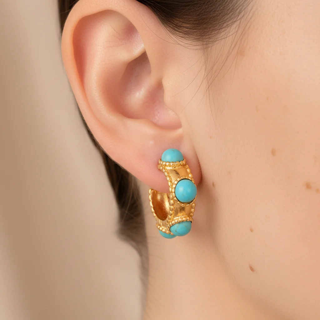 

Women's Gold Plated Metal Hoop Earrings with Natural Turquoise Stones - Boho Chic Jewelry Vintage Gold Color Hoop Jewelry