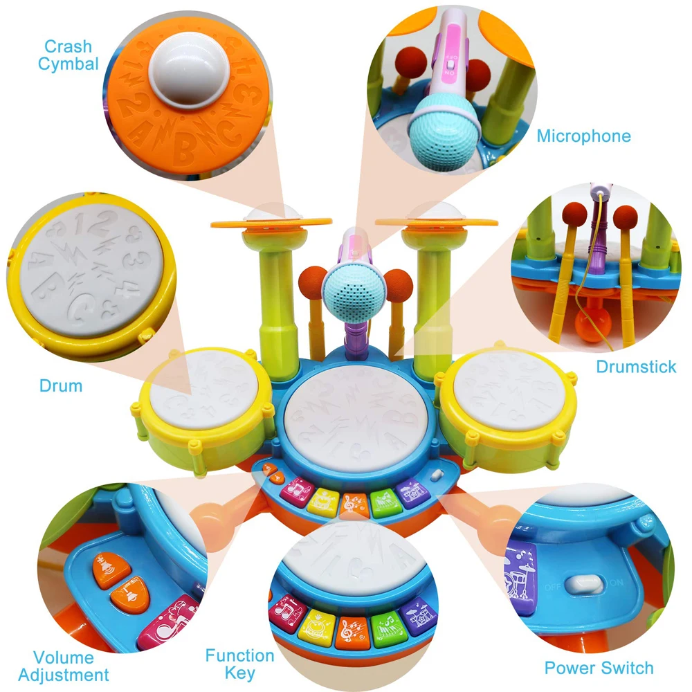 Kit de bateria elétrica para crianças, meninos e meninas, instrumentos musicais, brinquedos de aprendizagem com 2 baquetas, microfone ajustável, aniversário para meninos e meninas