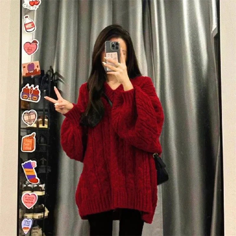 2024 Women's Autumn Winter V-neck Sweater Female Top grade Retro pullover Solid color Top Loose Versatile Sweaters