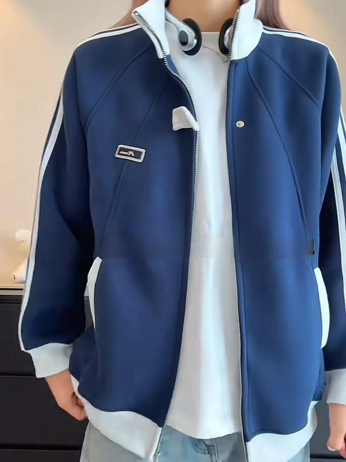 

American Sle Thiened Fce Baseball Jaet Men's Zipper Closure Cardigan Sweatirt Color Stand Collar Long Sve