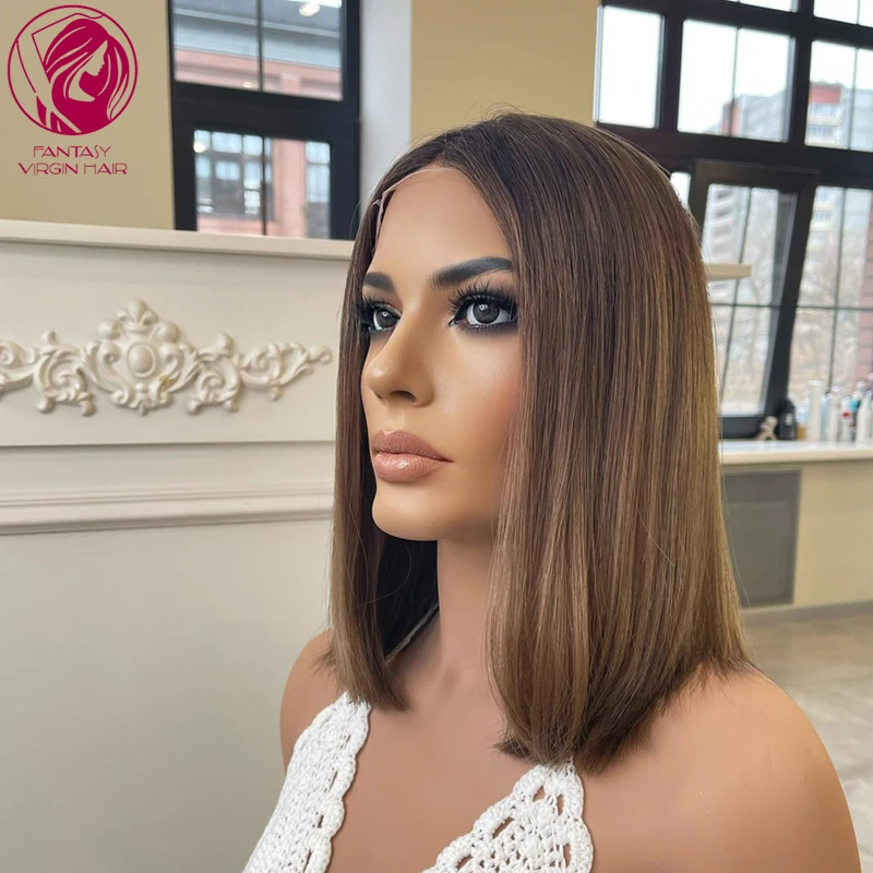 Chestnut Brown Blonde Highlights Lace Frontal Wigs 13x4 100% Real Human Hair Wig New in Short Bob Lace Wig Sale Small Medium Cap