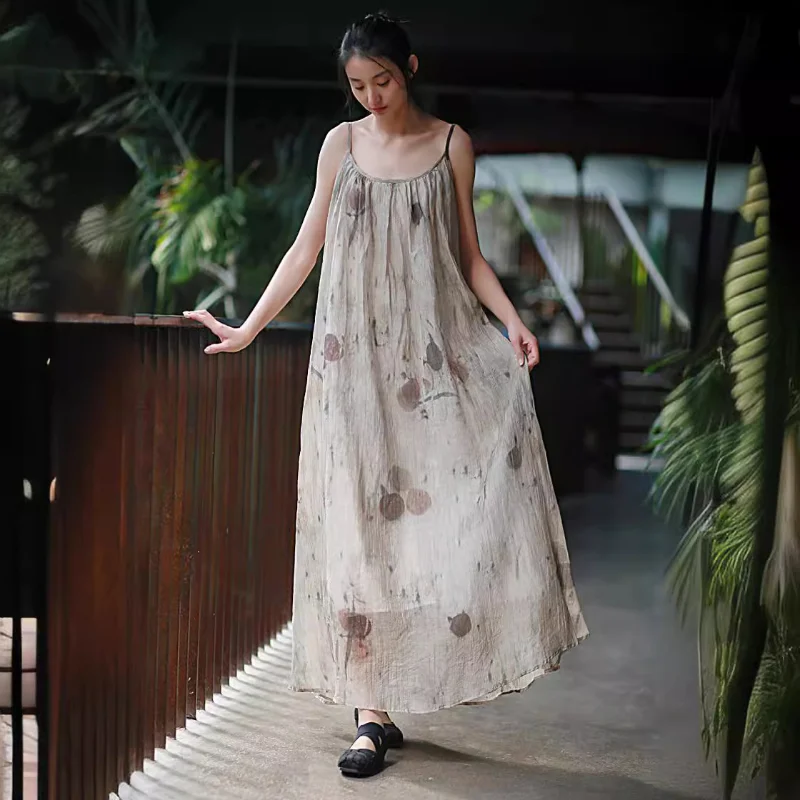 2025 Spring/Summer New Large Swing Skirt with Leaf Dyeing, Plant Dyeing, Tencel Wrinkle Strap Skirt, Clear Cold Wind Skirt