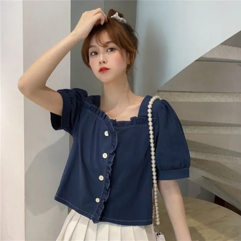 French Style Stringy Selvedge Square Neck Shirt for Women\'s Summer New Sweet Temperament Bubble Sleeves Super Fairy Short Top