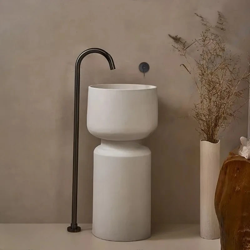 Matte White Modern Sanitary Wares Artificial Stone Bathroom Freestanding Hand Wash Basin Pedestal Sink For Hotel
