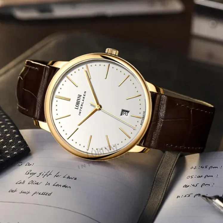 LOBINNI ساعة أوتوماتيكية للرجال 39.8 ملم ساعة يد ميكانيكية عتيقة رفيعة للغاية 50 متر مقاومة للماء مرآة الياقوت ST17 Mov.