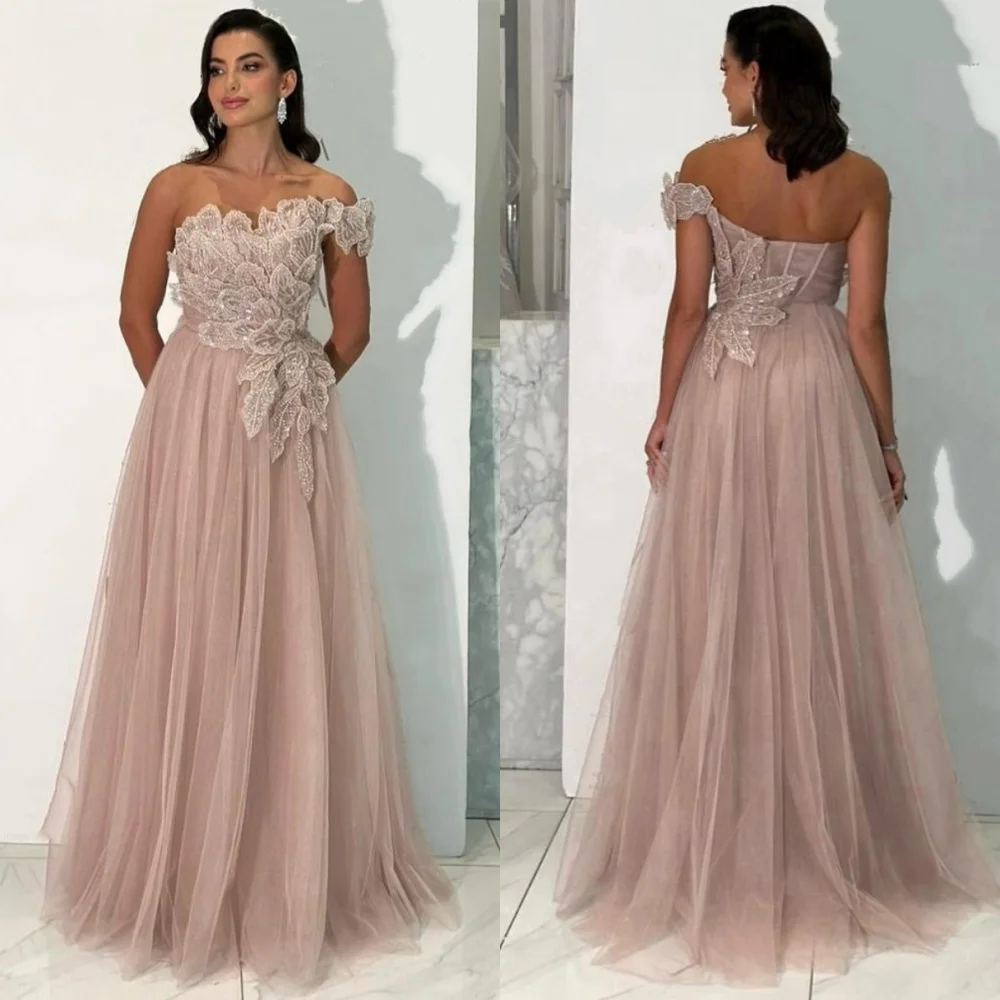 Customized Retro Fashion Net Sequined Pleat A-line One-shoulder Long Dresses Bespoke Occasion Exquisite