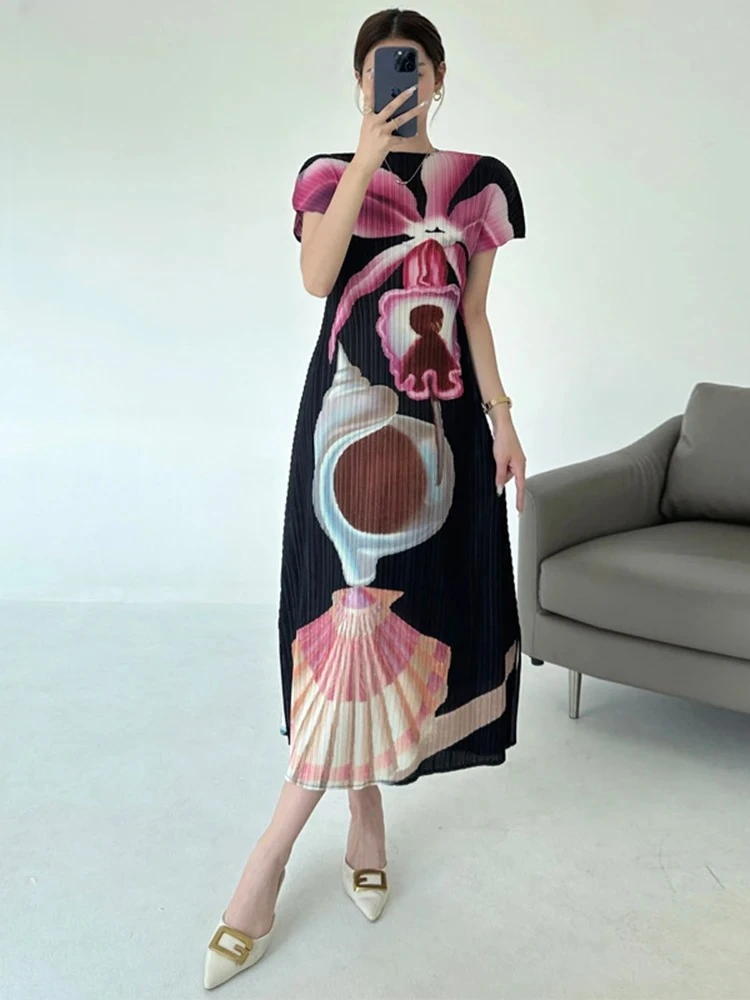 

Elegant Slim Pleated Women's Dress Round Neck Short Sleeve Summer Printed Dress Miyake 2025 Summer New Fashionable New Dresses