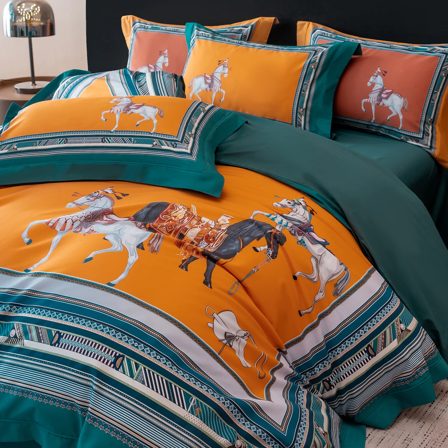 1000TC Egyptian Cotton European Style Luxury Horse Print Bedding Set Duvet Cover Flat/Fitted Bed Sheet Pillowcases 4Pcs