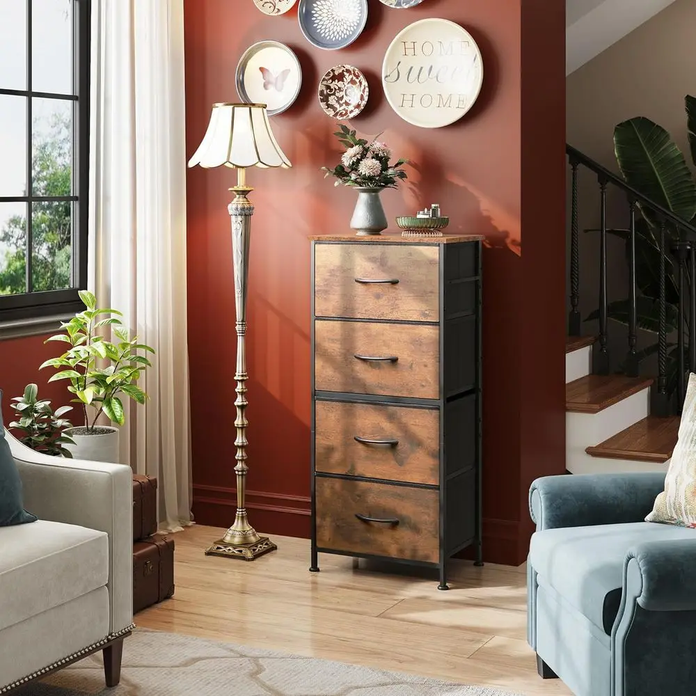 4-Tier Metal Storage Rack with Wooden Top, Rustic Brown, Perfect for Bedroom, Hallway, and Closets