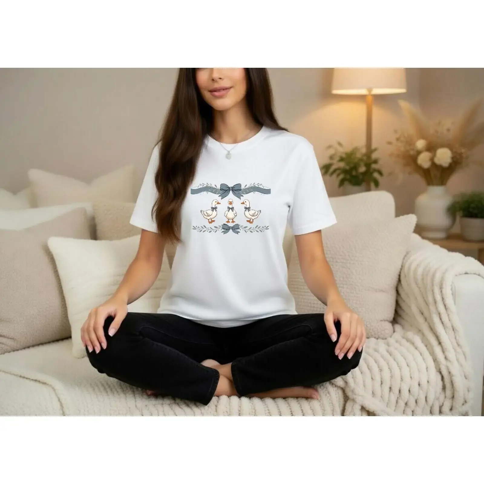 Cute Duckling Blue Bow T Shirt Casual Funny Animal Print  Best Friend Small  vintage Washed Stretched streetwear Unisex Stylish
