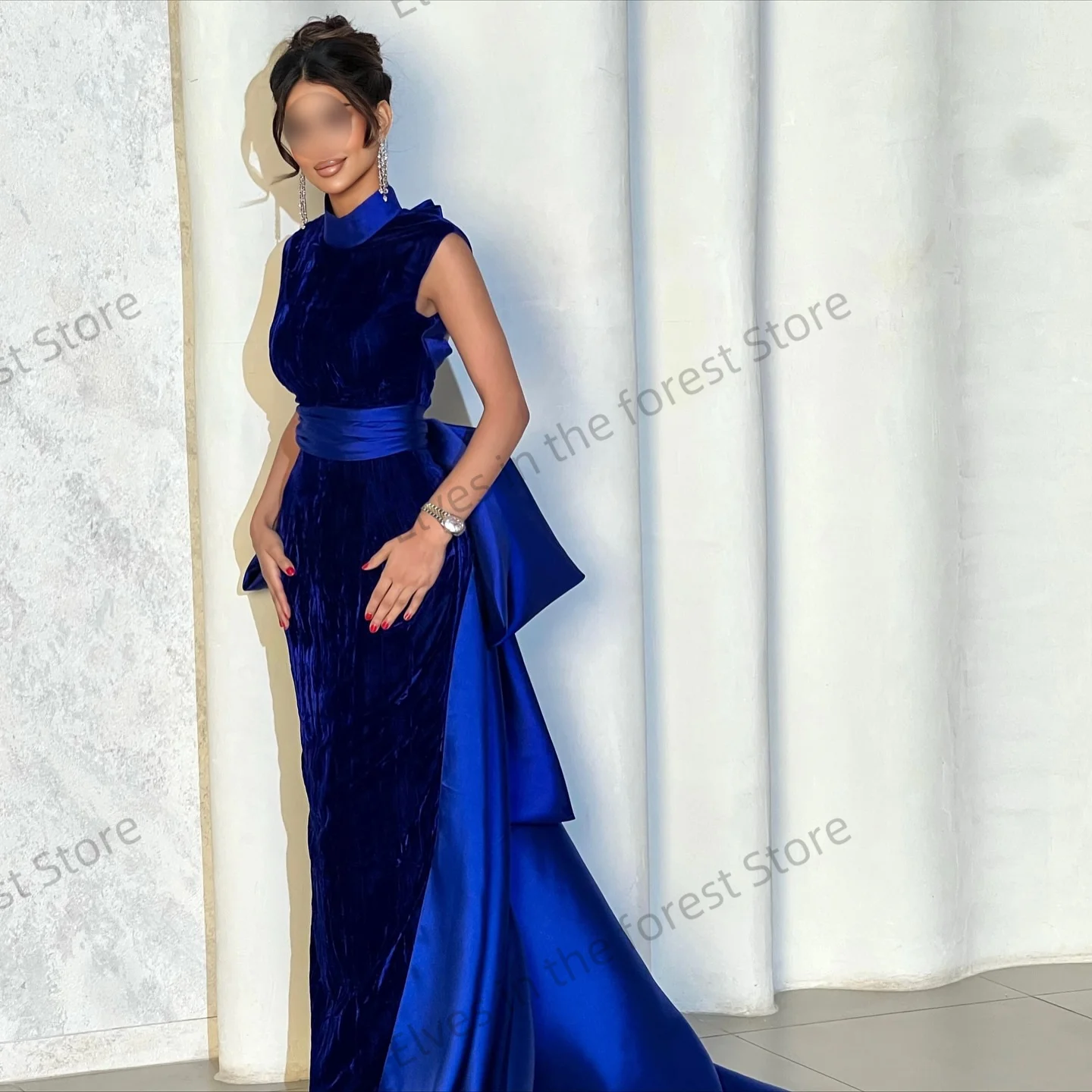 فستان سهرة أنيق بحورية البحر باللون الأزرق ساحر برقبة دائرية عربية فيستدو دي نوش مخصص لعيد الميلاد بدون ظهر سويب تراين فستان حفلات #3