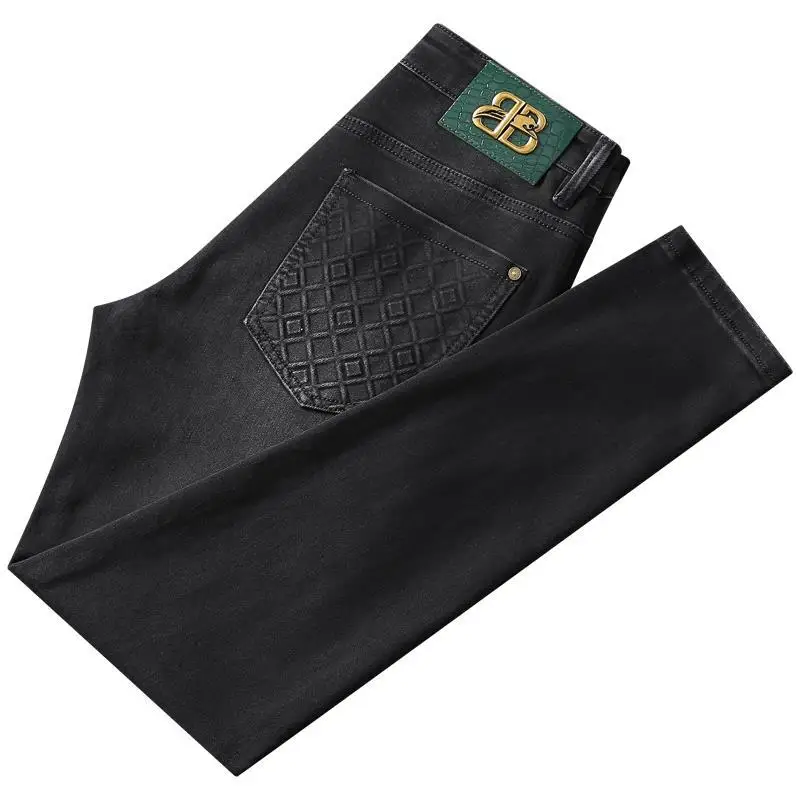 Autumn and winter grey black elastic jeans for men, slim fit, small straight leg, high-end trendy and fashionable men's pants