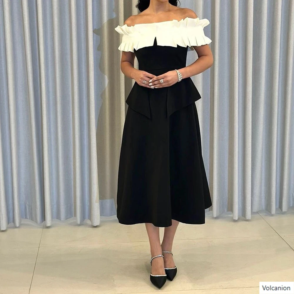 

Customized A-line Evening Dresses Tea-length Off The Shoulder Sleeveless Prom Gown Simple Fashion Pleat Draped Party Gown