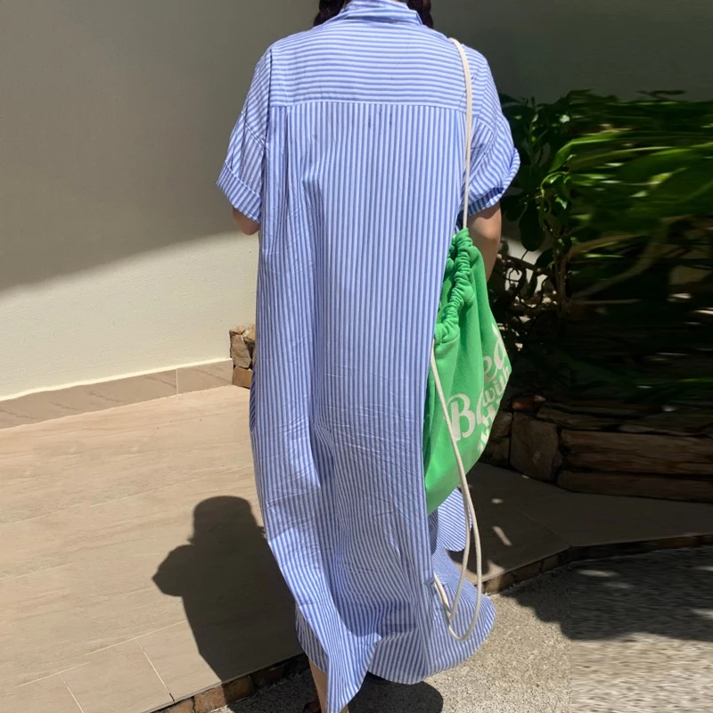 Fashion Blue Stripes Women Shirt Dress Loose Short Sleeve Lapel Elegant Summer Casual Dress Buttons Pocket Office Long Dress
