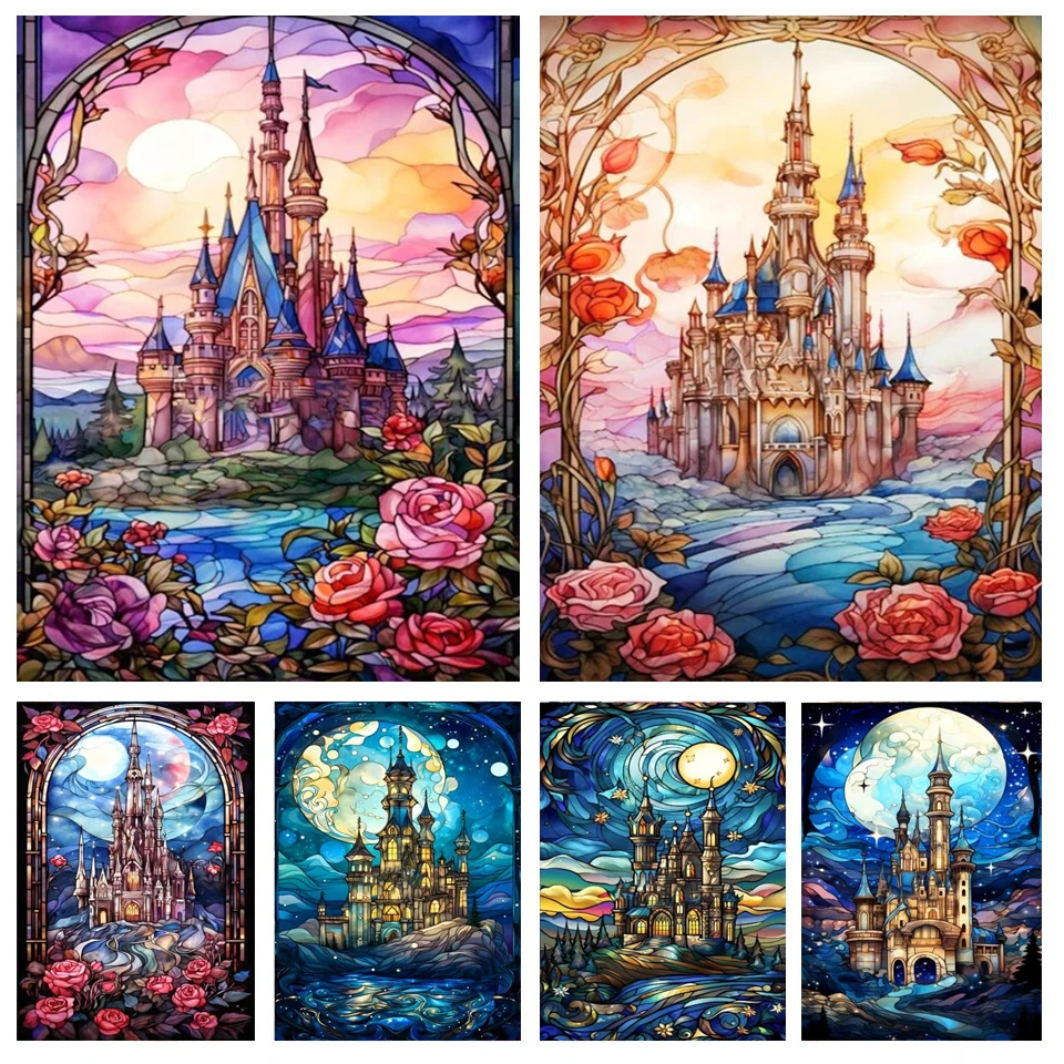 Dream Starry Sky Castle 5D Full Round Diamond Painting Set Glass Painting Clock Architecture DIY Diamond Mosaic Cross Embroidery