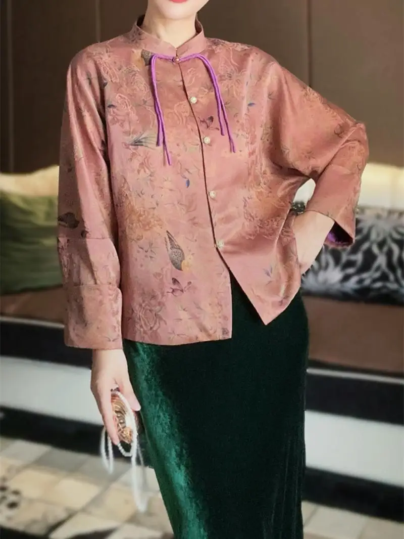 

Elegant Chinese Style Silk Shawl Collar Long Sleeve Top for Women with Tassel Buttons Floral Embroidery Xiangyun Silk K4108