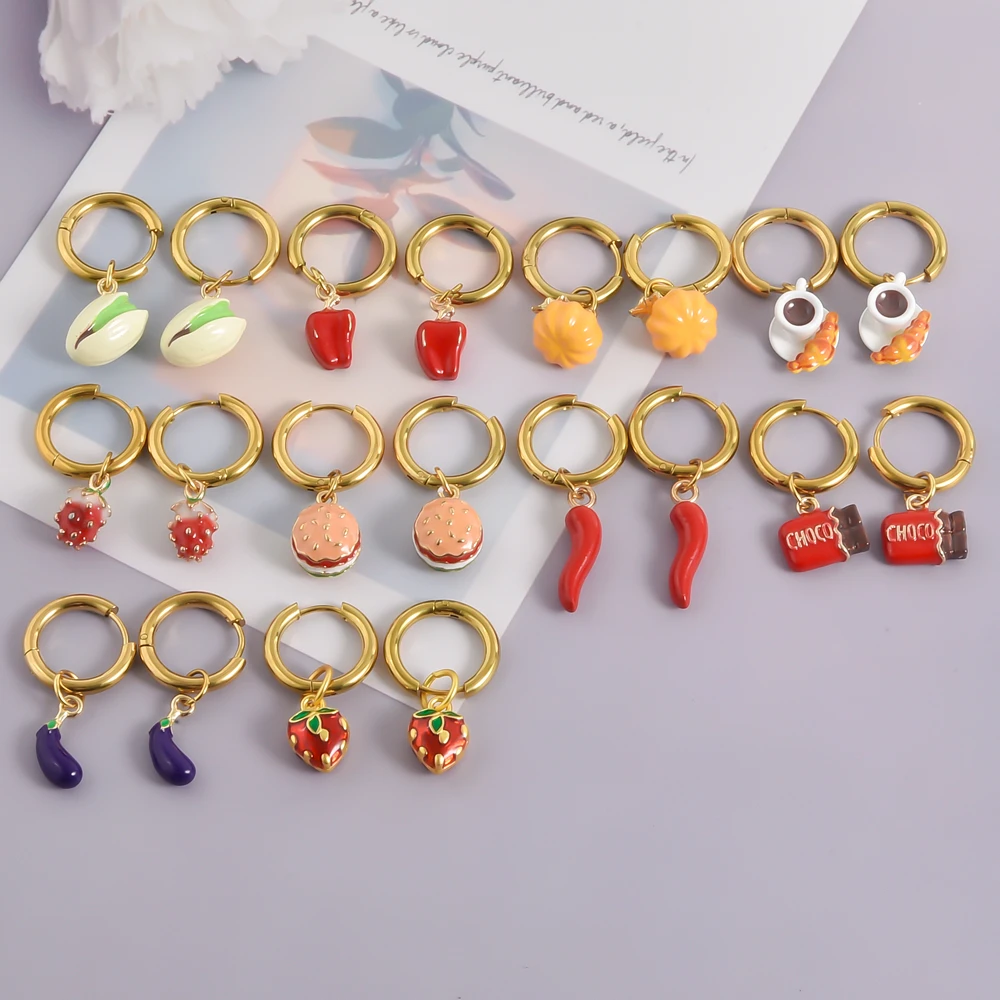 Funny Stereoscopic Food&Fruit Dangle Earring Colorful Alloy Enamel Chilli Strawberry Pendant Stainless Steel Hoops Girl Jewelry