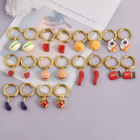 Funny Stereoscopic Food&amp;Fruit Dangle Earring Colorful Alloy Enamel Chilli Strawberry Pendant Stainless Steel Hoops Girl Jewelry