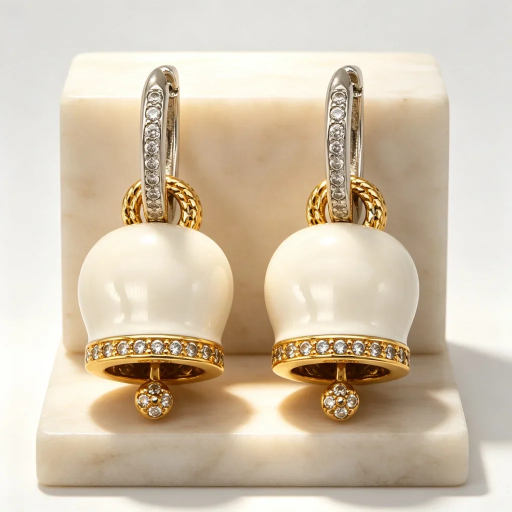 New Enamel Bell Drop Earrings for Women, Cream and Gold Charm Earrings with Crystal, Elegant Classic Jewelry