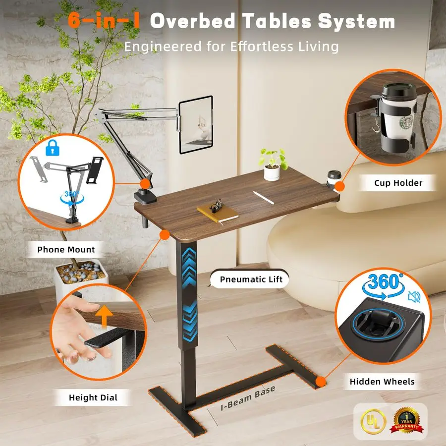 Bedside Table with Wheels, Adjustable Hospital Bedside Desk, Rolling Laptop Table, Mobile Standing Desk, Laptop with Cup Holder
