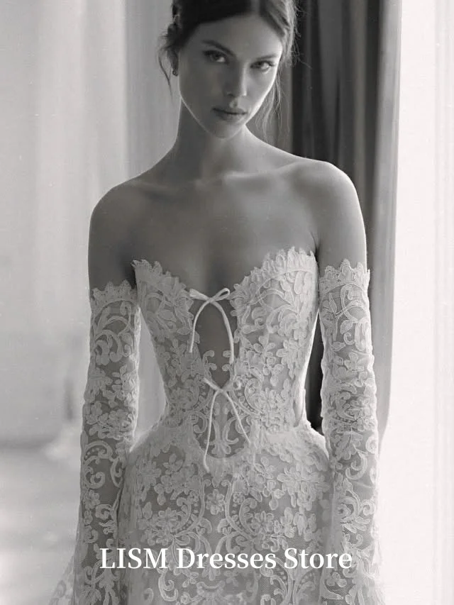 LISM สวีทฮาร์ทเอ-ไลน์ชุดแต่งงานแขนยาวผ้าไหมลูกไม้ยาวสง่างามชุดเจ้าสาวที่กำหนดเองโรบ เดอ มารีเอ การแต่งงาน