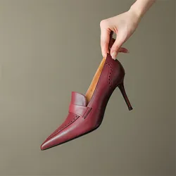 New Genuine Leather Loafers Spring/Autumn Pointed Toe Thin Heels Women Pumps Shoes for Women Ladies Shoes Comfort High Heels