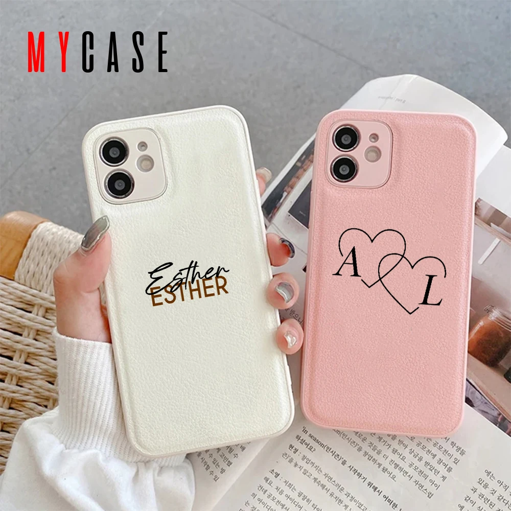 Customize Name Initials Heart Leather Cover for iPhone 12 Pro Max Case 15 14 Plus 13 Luxury Phone Coque Gifts 11 XR XS 7 8 Funda