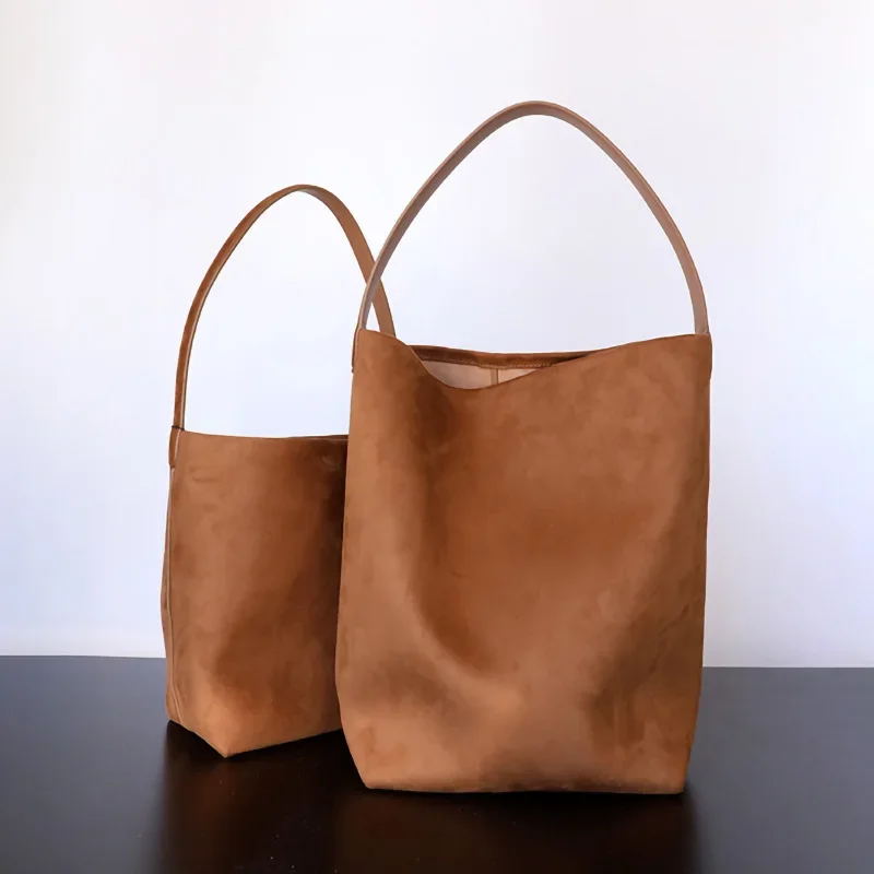 Women Cowhide Suede Shoulder Bag Female Bucket Casual Tote Bags Solid Color Single Handbag