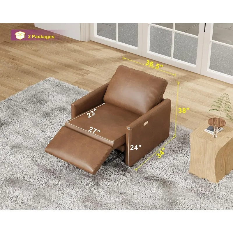 AMERLIFE  Power Recliner Chair, Single Electric Reclining Sofa with USB Charging Port, Leather Recliner for Living Room, Brown