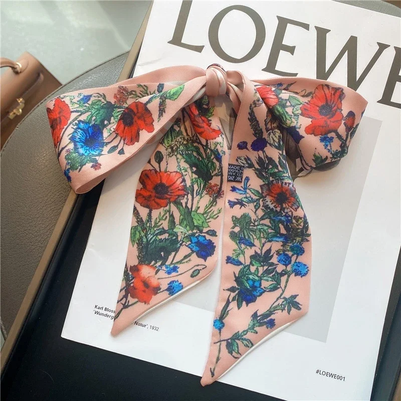 Fashion New Flowers Pattern Ladies Ornament 100% Twill Silk Scarf Streamer Long Strip Silk Scarf Ribbon Bag Handle Ribbon Scarf