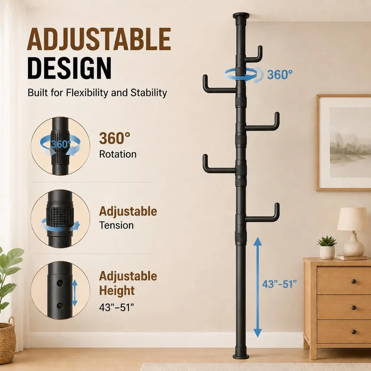 Floor to Ceiling Clothes Drying Rack, Adjustable Tension Pole Laundry Rack for Balcony. Vertical Coat Hanger Stand for Bathroom
