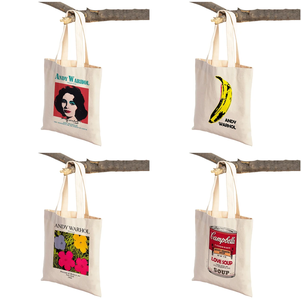 Vintage Art Andy Warhol Shoulder Shopper Bag Abstract Women Shopping Bags Double Print Casual Lady Canvas Tote Flowers Handbags