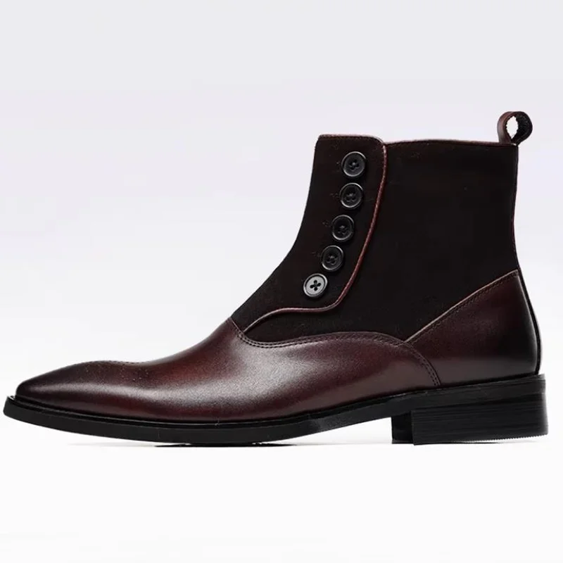 High-end Men's Cowhide Chelsea Boots Italian Men Knight Boots Man Dress Boots Buckle Button Work Boots Pointed Toe Shoes Men view 2