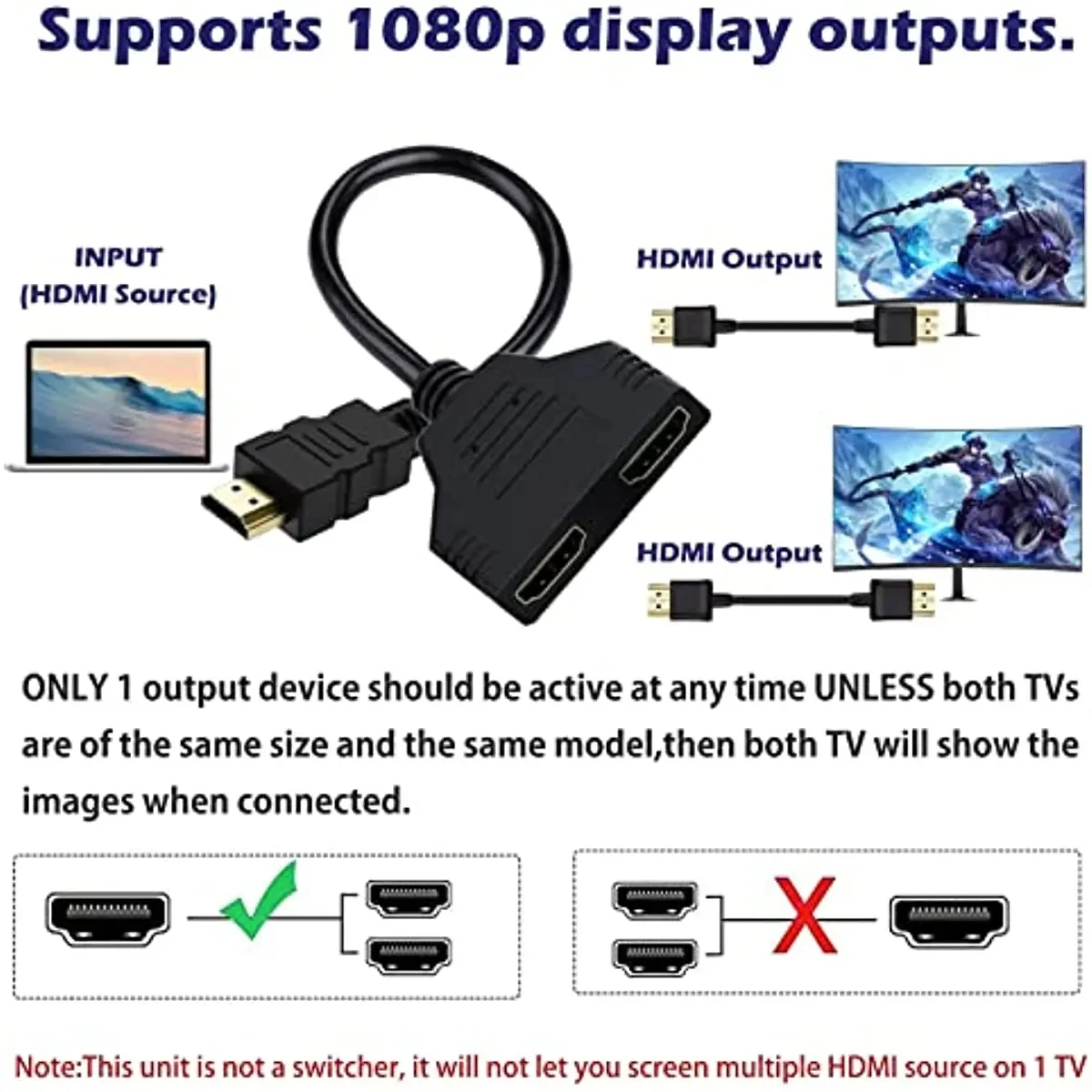 HDMI Splitter Adapter Cable 1 Male To Dual HDMI 2 Way Female 4K 3D Y Splitter Cable for Laptop TV Monitor 1080P 1 in 2 Out LED