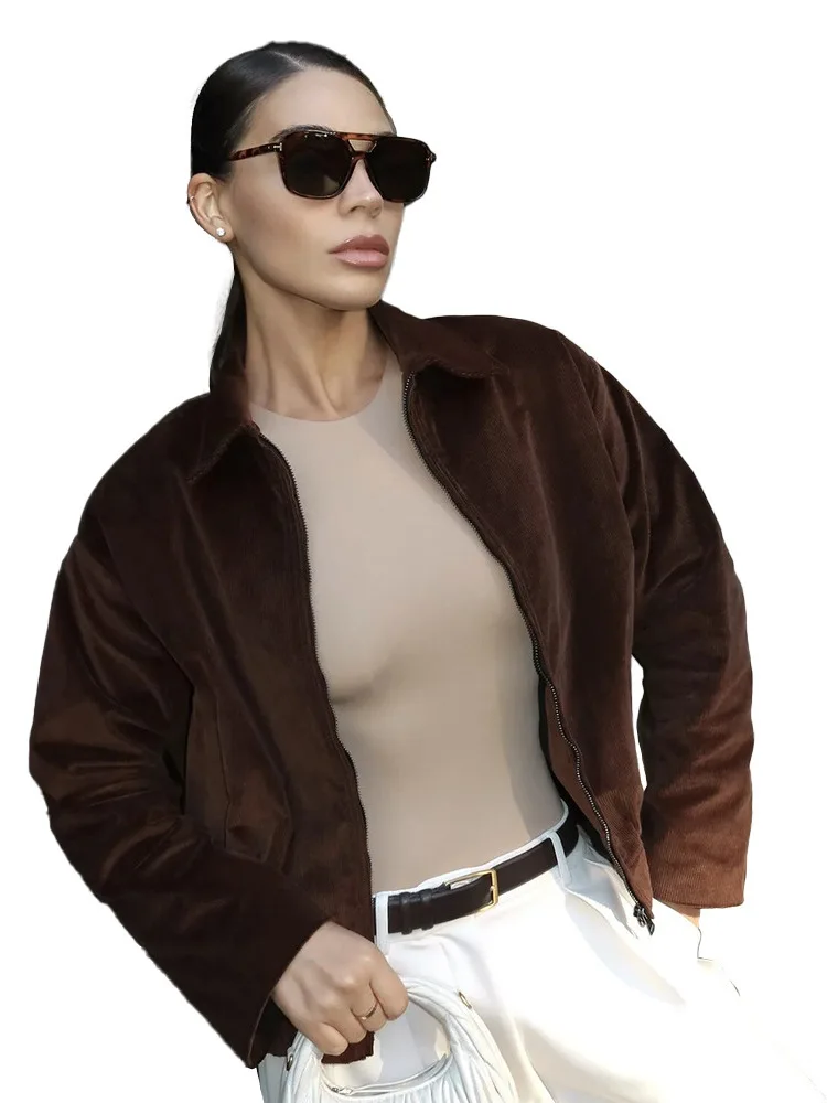 

Retro Coffee-Colored Zipper Jaet Women's Casual Outerwear Loose Fit Cotton Polyester Blend Long Sve Mid-Length Coat