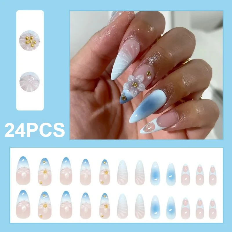 

24PCS Three Dimensional Water Ripple Blue Gradient Fake Nail French European and American Ins Style Press on Nails