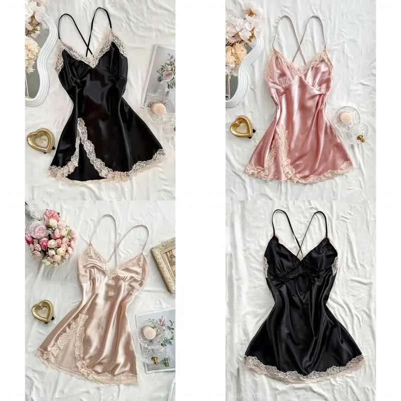 Women V‑Neck Lace Trim Slip Nightgown Sexy Solid Color Sleeveless Sleep Dress Soft All‑Season Lingerie Nightwear For Ladies Home Rest Holiday Gift