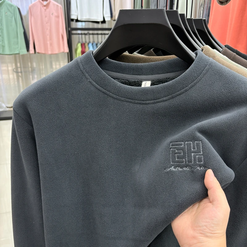 

Men autumn winter high quality fleece-lined long sleeves pullover round neck flannel keep warm T-shirt leisure anti-pilling top