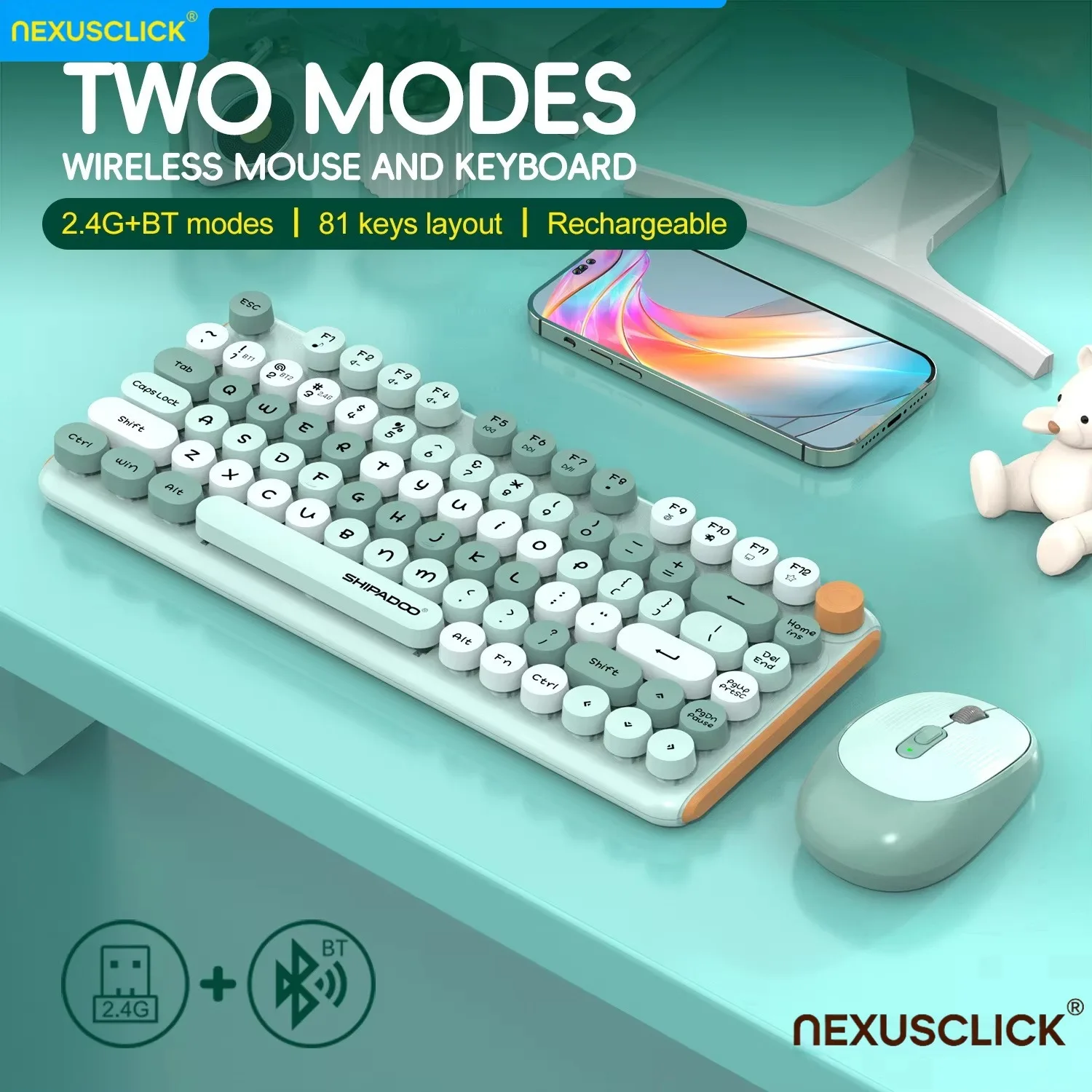 NexusClick 81 Keys Rechargeable 2.4G/BT Wireless Keyboard Mouse Combo Mini Punk Keycaps,Power Saving for PC Laptop Gamer Office