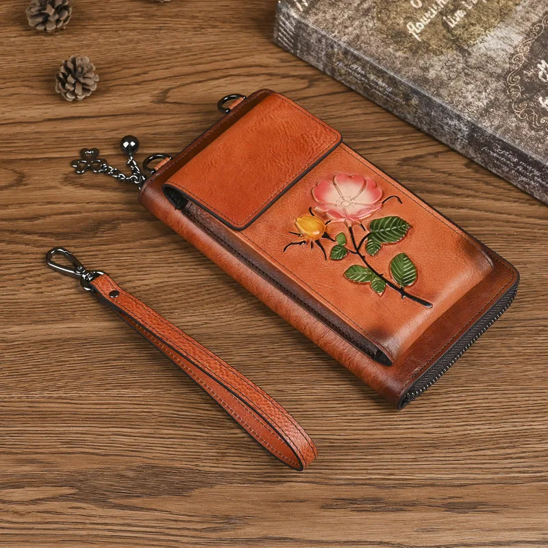 LOMCEL TY13 Leather wallet, women's embossed long-style retro crossbody bag with ethnic trend embossing, cross-border top-grain