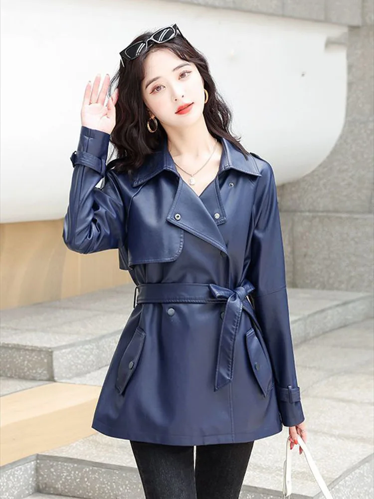 Small leather windbreaker women spring new style that looks tall and slim casual versatile medium to long jacket