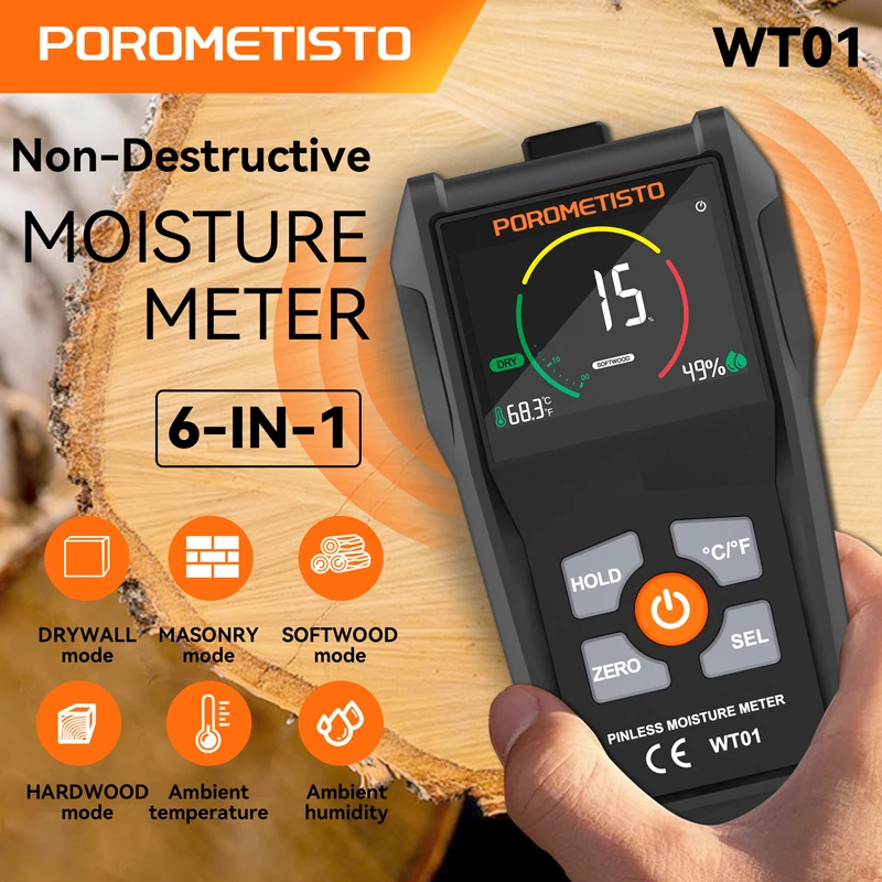 POROMETISTO-WT01 Digital Wood Moisture Meter Hygrometer Non-contact Timber Damp Detector Alarm Non-destructive Humidity Tester