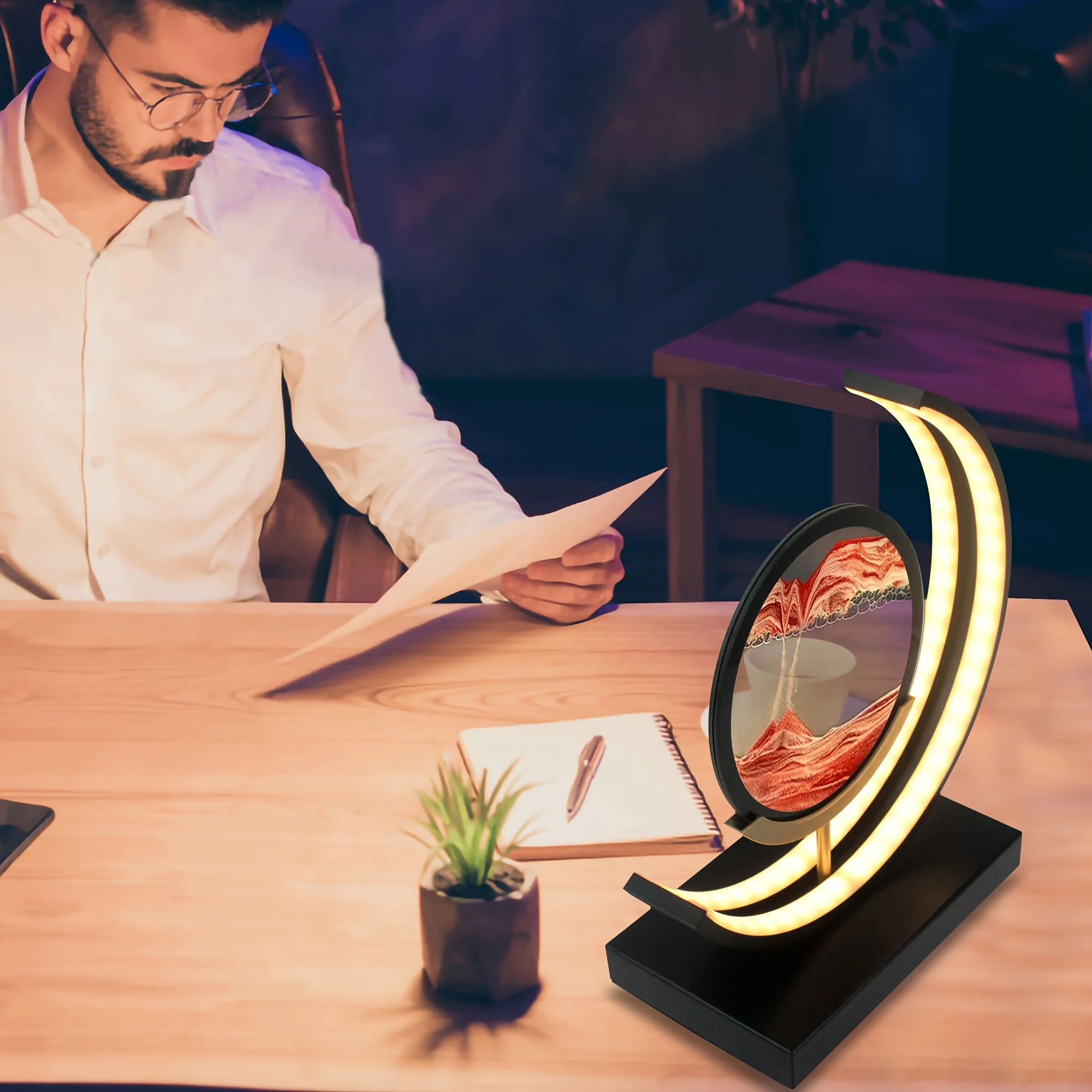 Moving Sand Art Picture In Motion, 3D Sand Lamp Round Sand Picture Lamp 3 Colors Sand Art Light With Stand Relaxing Desktop