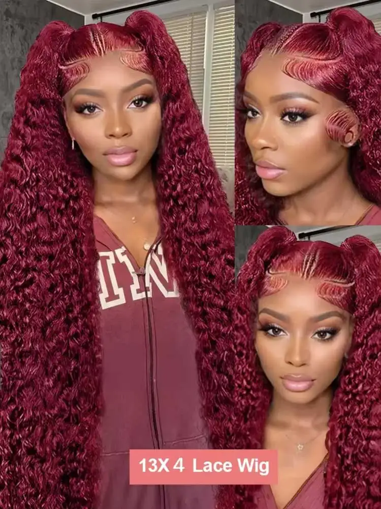 250% 13x4 HD Transparent Deep Wave Frontal Wig Colored 99j Burgundy Deep Curly Lace Front Human Hair Wigs Preplucked For Women image 5