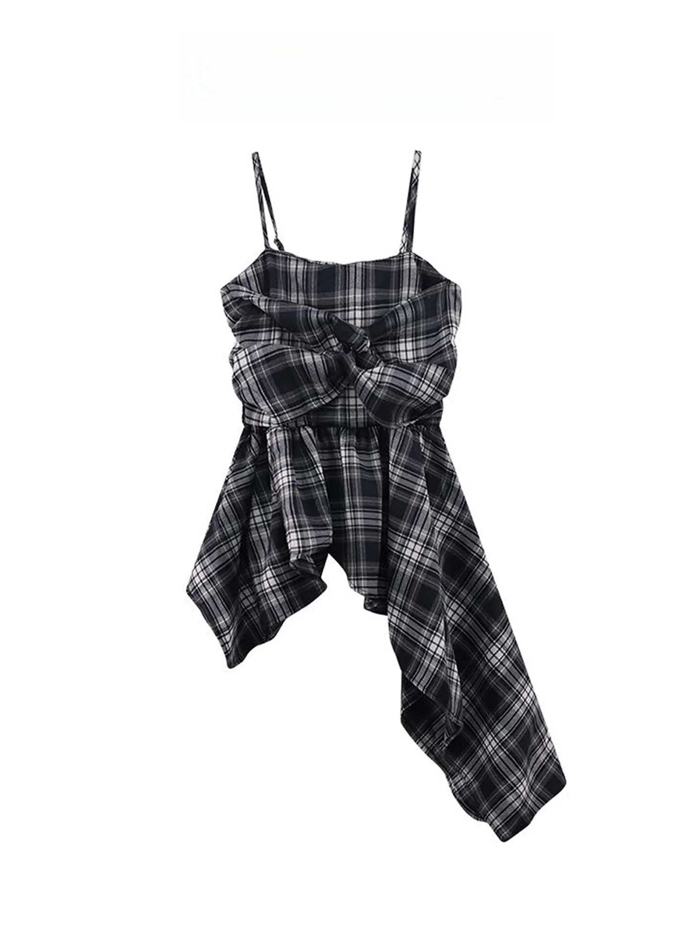 Retro American Plaid Sleeveless Wrap Dress Women Summer Spicy Waist Cinched Asymmetrical Hem Vest Skirt Fashionable Short Length