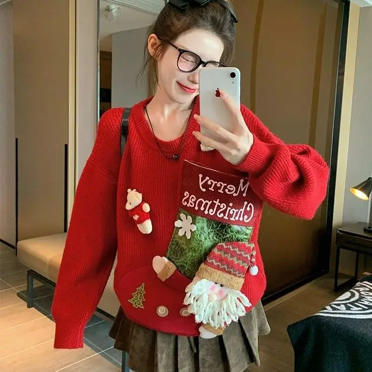 

Red three-dimensional Santa Claus pullover sweater for women 2024 new winter thickened loose casual round neck sweater