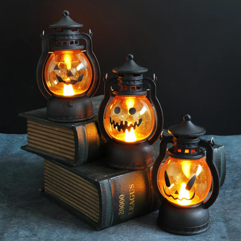 New LED Night Light Halloween Retro Oil Lamp Handheld Pumpkin Oil Lamp Halloween Horse Lantern Ghost Festival Atmosphere Light