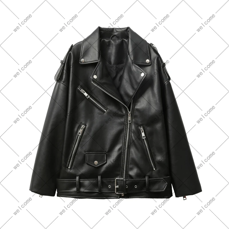 

New Women's motorcycle leather PU imitation leather loose jacket black jacket