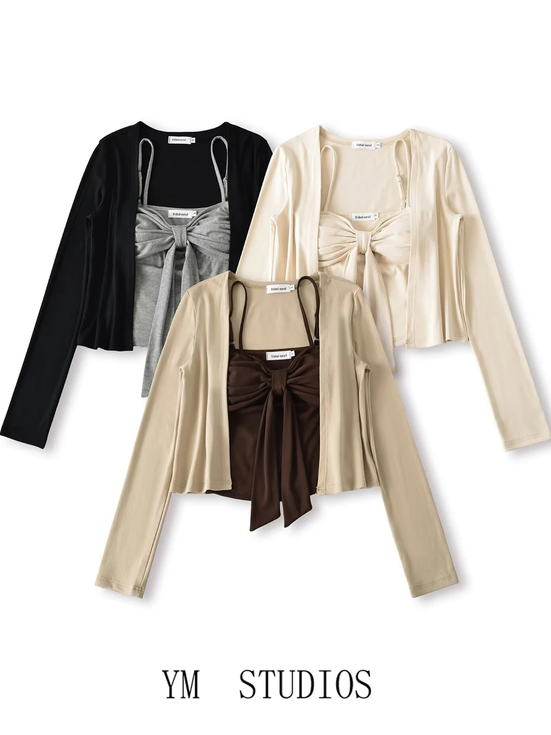 Pure Desire  Knot Long Sleeve T-Shirt Set Women's Short Crop Top Vest Belted Halter Neck Base Layer Outfit
